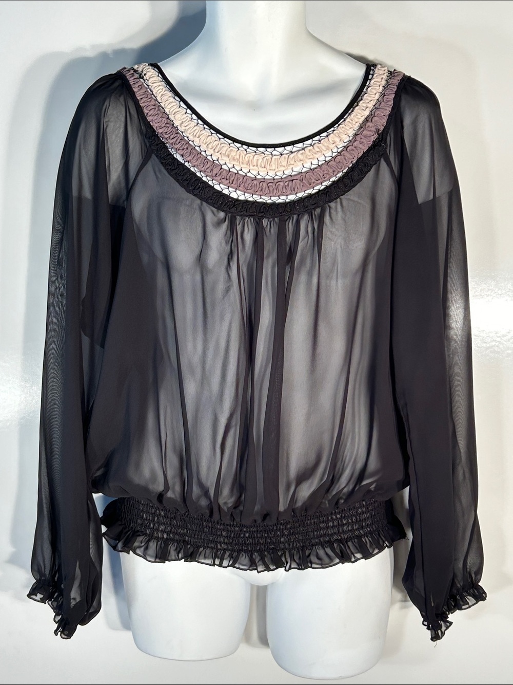 Gemstone SZ M\L Sheer Black Long-Sleeve Top Trimmed Yoke Boho Dressy Chic Goth